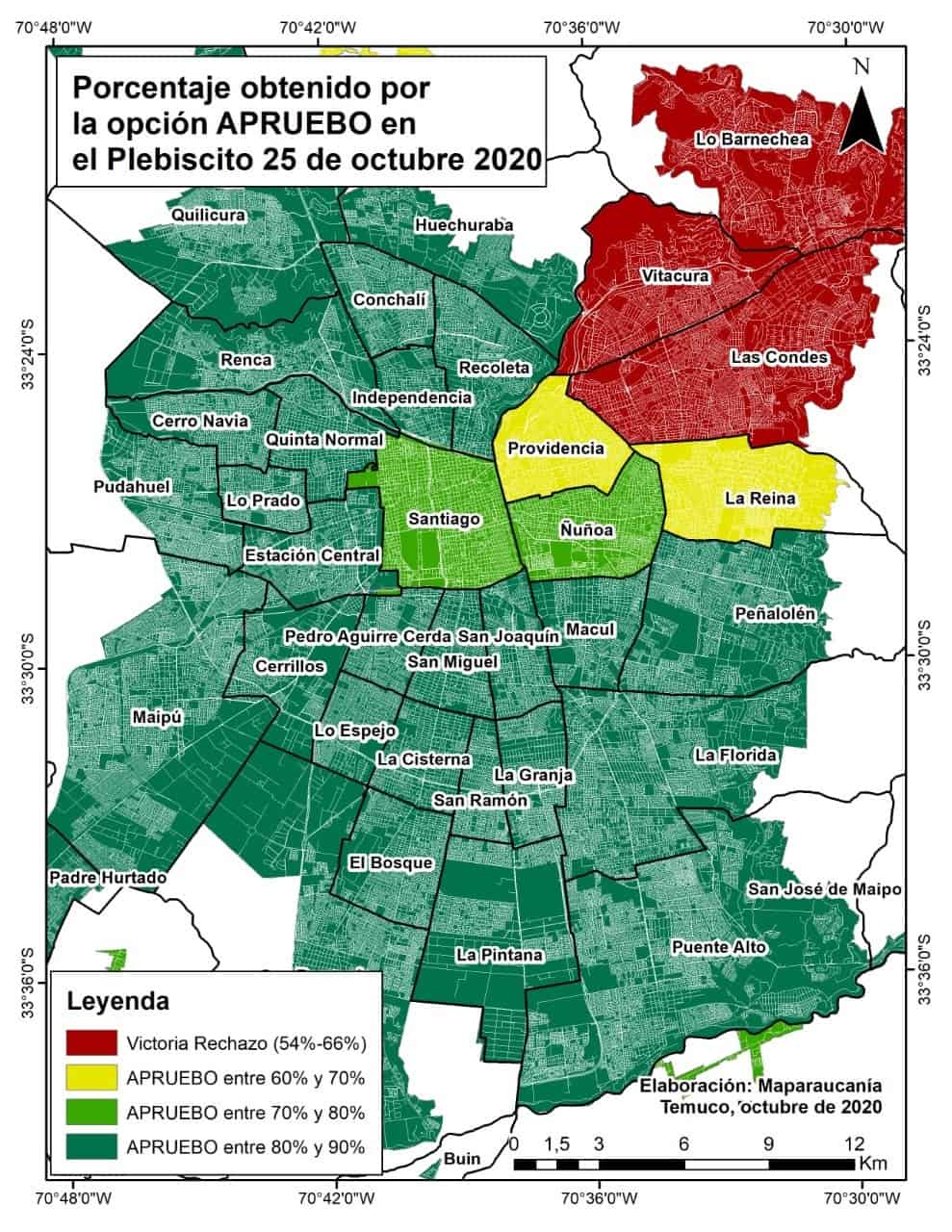 Distribución de votos plebiscito 2020 en Santiago por comunas
